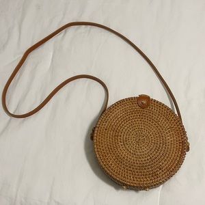 Handwoven Round Rattan Bag Shoulder Leather Straps Natural Chic Hand Bag